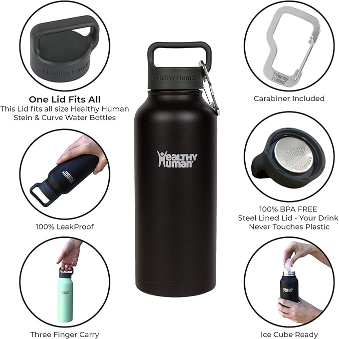 Healthy Human Stainless Steel Water Bottle | Double Walled Vacuum Insulated Water Thermos for Adults | Eco-Friendly Travel Bottles with Leak Proof Lid (Pure Black, 32 oz/ 946 ML)