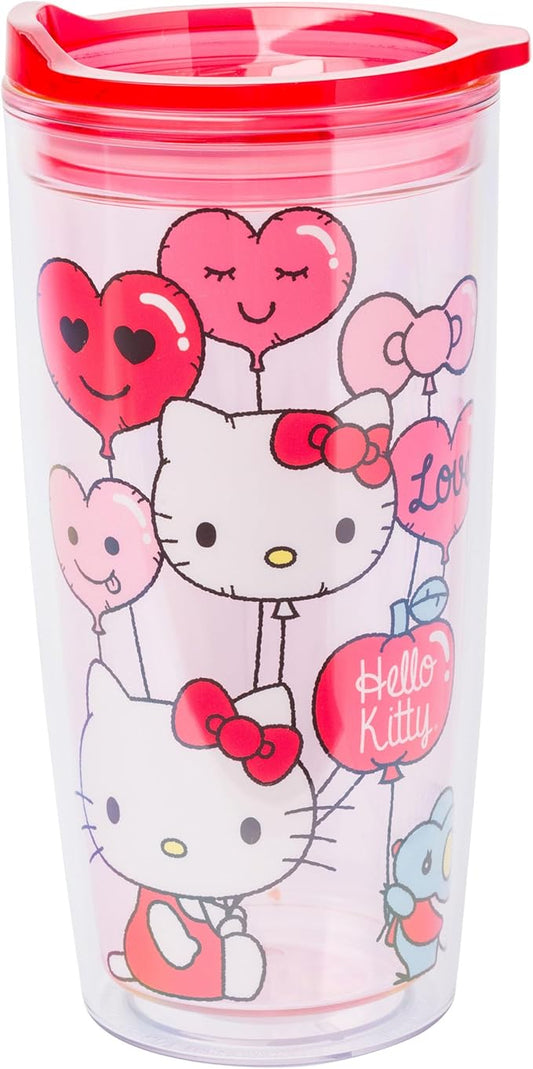 Silver Buffalo Sanrio Hello Kitty Valentine’s Day Heart Balloons Double Wall Travel Tumbler with Slide Close Lid, 20 Ounces