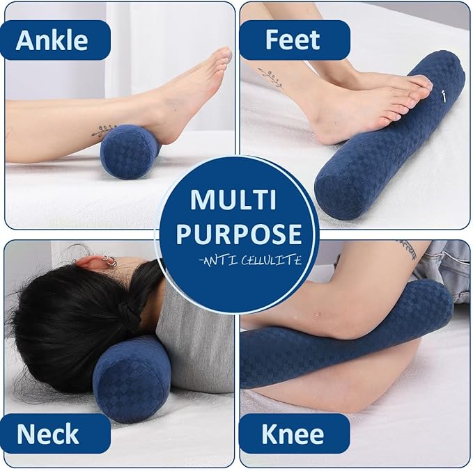 Health Cervical Neck Roll, Comfortable and Highly Resilient Bolster Pillows, Round Neck Pillows Support for Sleeping, Large Size Bolster Pillow for Bed, Legs, Back and Yoga (Checkerboard--Blue)