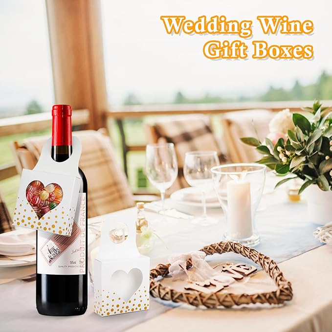 ISKYBOB 25 Pieces Wine Bottle Box with Window, Gold Foil Wine Boxes for Gifts Hanging Wine Bottle Gift Box Foldable Wine Bottle Hanger Favor Box for Holding Candy Truffles Chocolate Cookies (White)