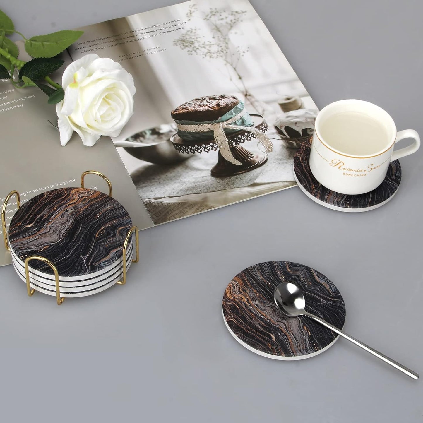 White Marble Style Ceramic Coasters Set of 6 with Holder Round Modern Coffee Table Decor Drink Coaster Gifts Absorbent Stone Coasters for Rustic Farmhouse Bar