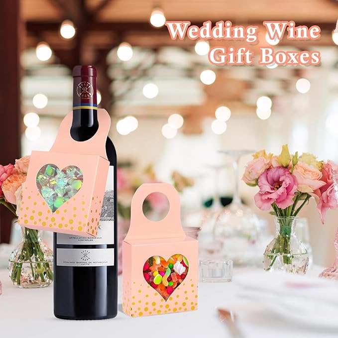 ISKYBOB 25 Pieces Wine Bottle Box with Window, Kraft Paper Wine Boxes for Gifts Hanging Wine Bottle Gift Box Foldable Wine Bottle Hanger Favor Box for Holding Candy Truffles Chocolate Cookies (Pink)