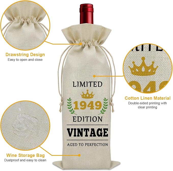 Sazuwu 75 Year Old Gifts Vintage 1949 Wine Bag 75th Birthday Gifts for Women Men Gifts for Someone Turning 75 Wine Bottle Decoration Bag Born in 1949 Gifts Wine Accessories Gifts for Wine Lovers