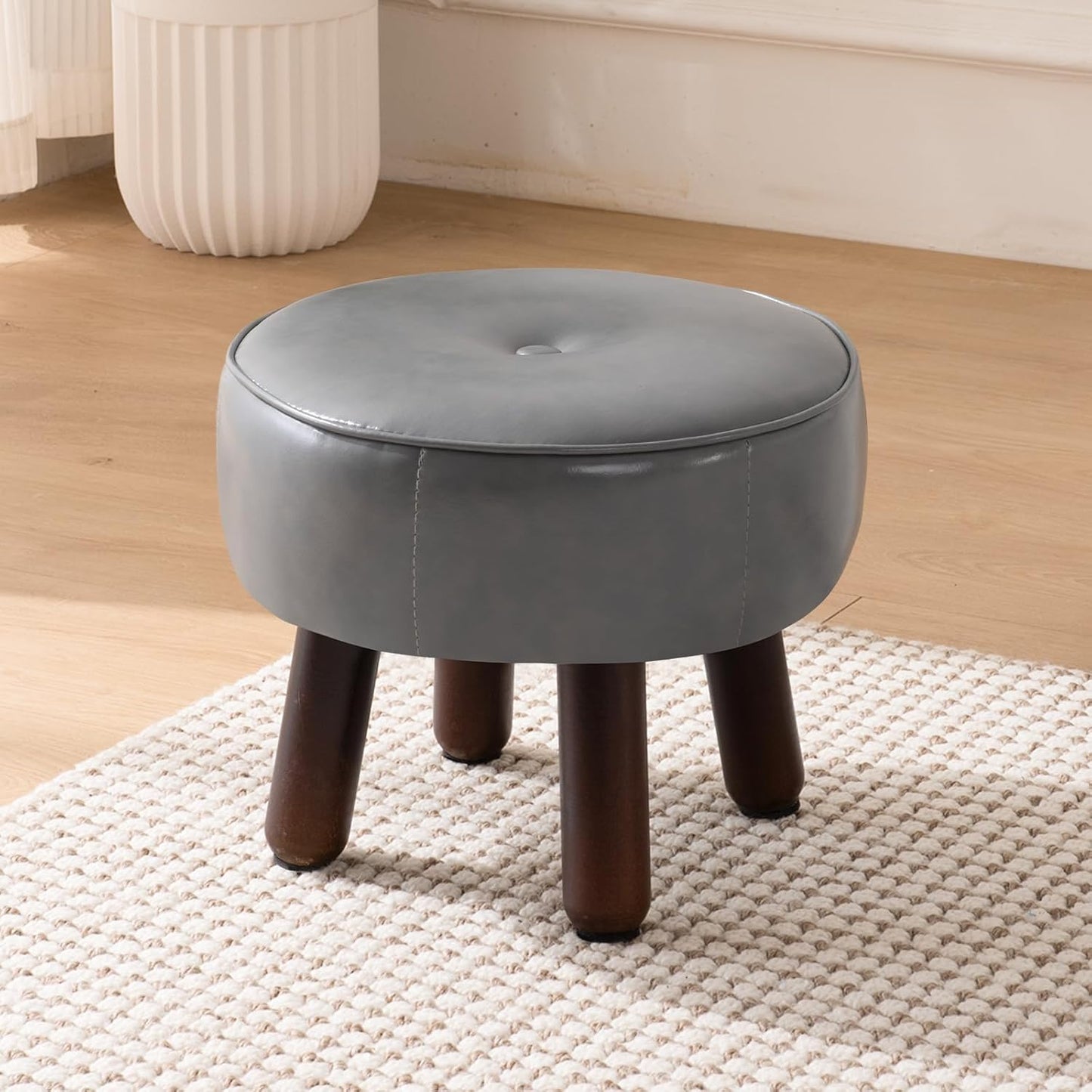 Ottoman, Small Foot Stool, Round Leather Pouf Ottoman, 13''L x 13''W x 10.2''H Foot Rest with Non-Skid Rubber Legs for Living Room Bedroom Couch Entryway, Grey