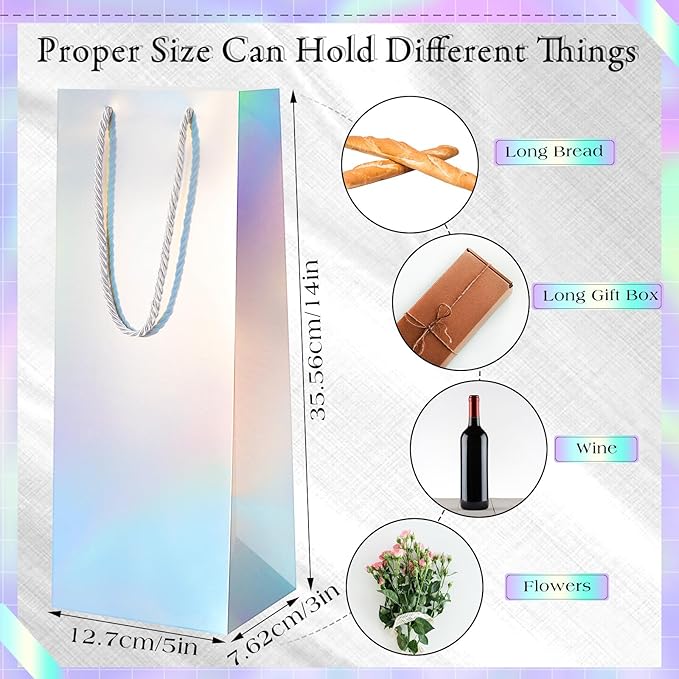 Dunzoom 12 Pcs Iridescent Summer Wine Gift Bags Bulk Holographic Wine Bottle Gift Bag with Handles 14 x 3 x 5 Inch Paper Goodie Bags Wine Bottle Gift Totes for Party Favor Christmas Wedding Birthday
