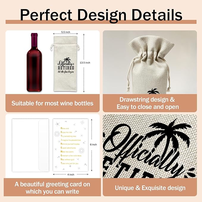 Retirement Wine Gift Bags & Card, Retirement Gifts for Women Men Grandparent Coworker Colleague Leaving Go Away Gifts 1pcs Reusable Burlap Wine Gift Bags for Wine Bottles, Retirement Party Favor -10