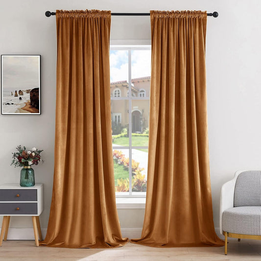 MIULEE Gold Brown Velvet Curtains Thermal Insulated Blackout Curtain Fall Drapes for Bedroom Living Room Darkening 90 Inches Long Curtains Panels Rod Pocket Set of 2