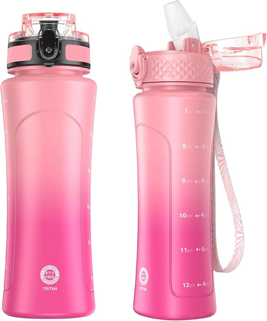 OLDLEY Kids Water Bottle for School with Straw Chug Lid, 15 oz Unbreakable Leak-Proof BPA-Free Motivational Water Bottles with Time Marker for Travel Sports Gym, Pink Purple