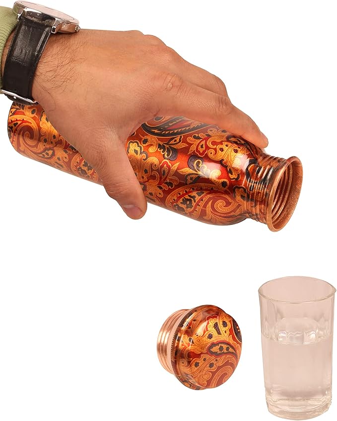 Pure Copper Water Bottle -Handcrafted -Ayurveda Health Benefits -Large 35 oz - Leak proof - Easy to carry for Sports, Fitness, Yoga, School - Textured Paisley Floral.