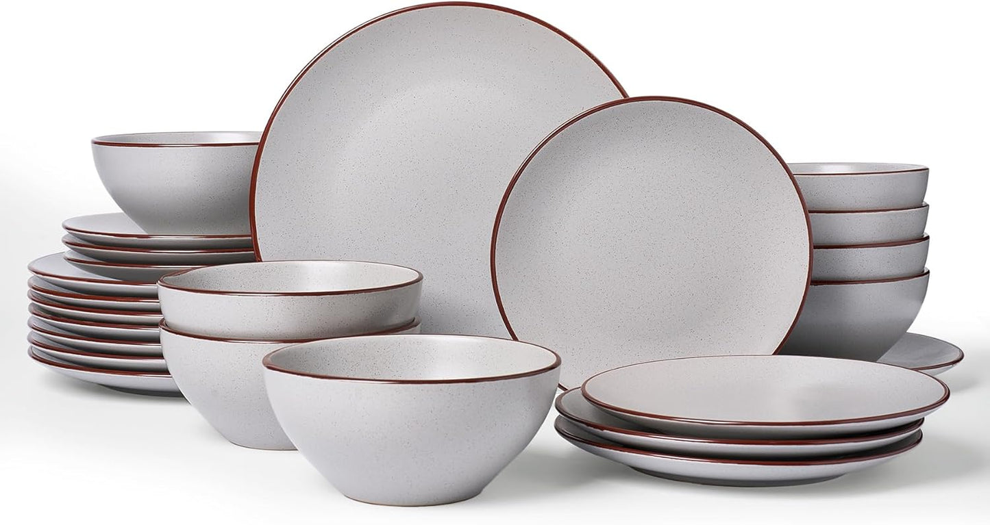 Famiware Venus Ceramic Plates and Bowls Sets, Speckled Dinnerware Dish Sets for 8 (24 Pieces) - Microwave and Dishwasher Safe, Matte Light Grey