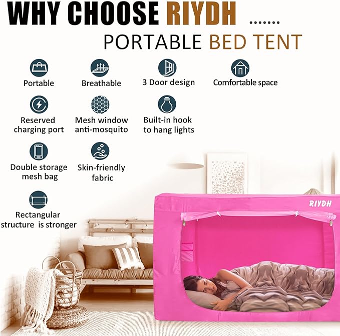 Bed Tent Bunk Twin Bed Canopy Tents - Portable Dream Tent for Kids and Adult Indoor Sleeping Tents 70% Blackout with 3 Doors Breathable Private Space Tents