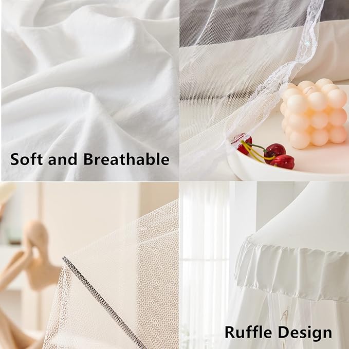 VETHIN Bed Canopy for Kids with Lights,Double Layer Princess Round Dome Children Dreamy Mosquito Net Bedding Girls Room Castle Play Tent Hanging House Decor Reading Nook Canopies(White/White)