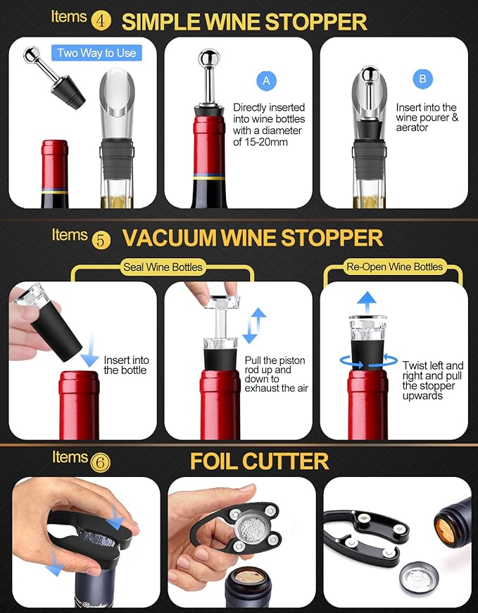 6pcs Wine Chiller Set - 2 Wine Bottle Cooler Sticks + 1 Wine Aerator Pourer + 1 Foil Cutter + 2 Wine Stoppers, Wine Tasting Drinking Accessory, Hosting Wine Gift for Wine Lover Women Men