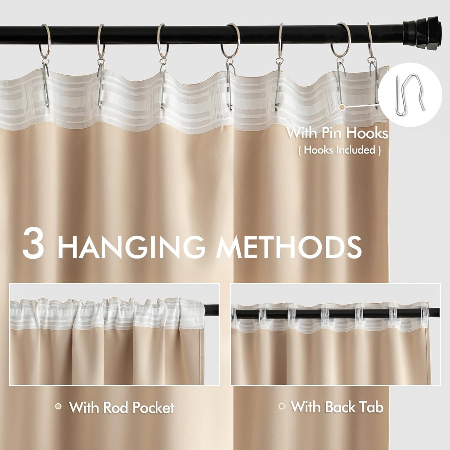 MIULEE Back Tab Beige Curtains 120 Inch Long 2 Panels Set for Living Room Bedroom, Cream Rod Pocket/Pinch Pleated Light Blocking Extra Long Thermal Insulated Room Darkening Blackout Curtains/Drapes