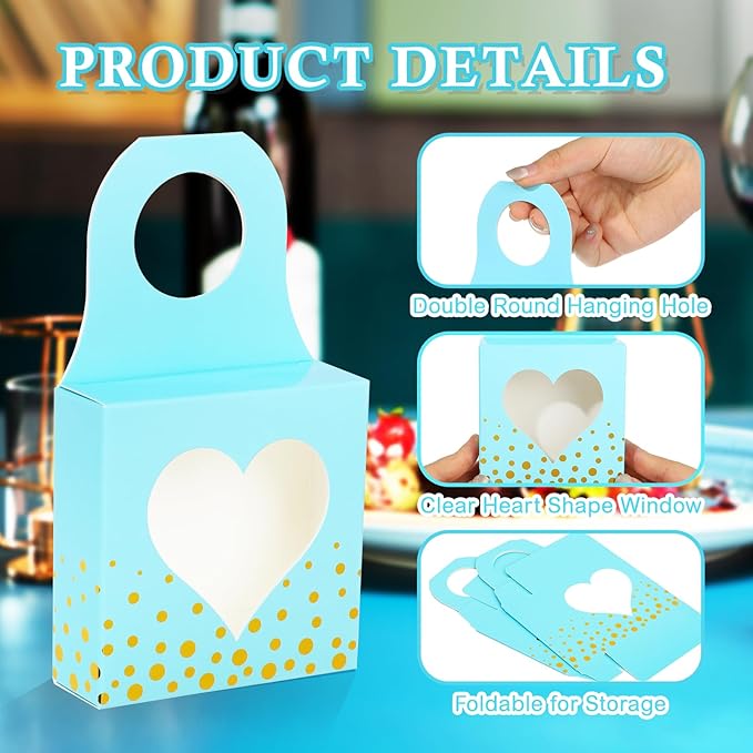 ISKYBOB 25 Pieces Wine Bottle Box with Window, Kraft Paper Wine Boxes for Gifts Hanging Wine Bottle Gift Box Foldable Wine Bottle Hanger Favor Box for Holding Candy Truffles Chocolate Cookies (Blue)
