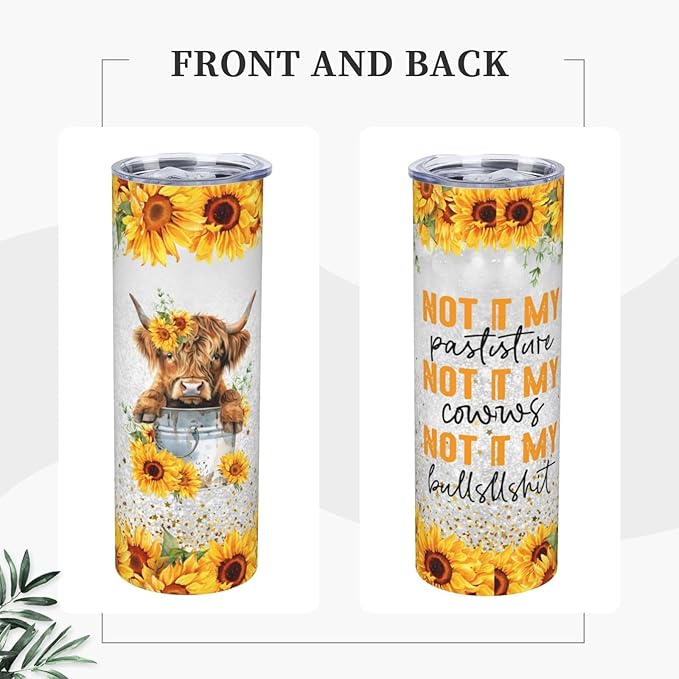 Highland Cow Tumbler Highland Cow Gifts Highland Cow Tumbler With Lid 20oz Stainless Steel Cow Sunflower Gifts For Women Mom Reusable Bottle For Hot & Cold Drinks Tea Cup Iced Coffee Travel Mug