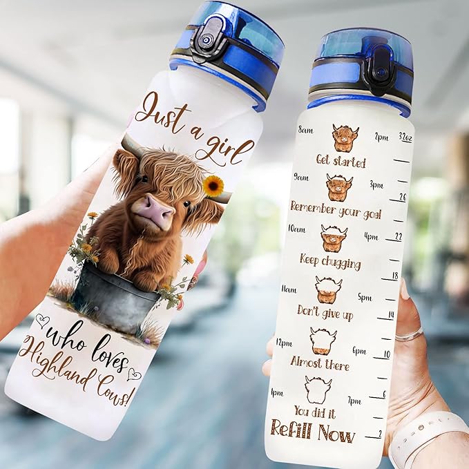 Highland Cow Gifts, Highland Cow Water Bottle 32 oz with Time Marker, Just A Girl Who Loves Cow Tumbler, Cow Gifts for Cow Lovers Women