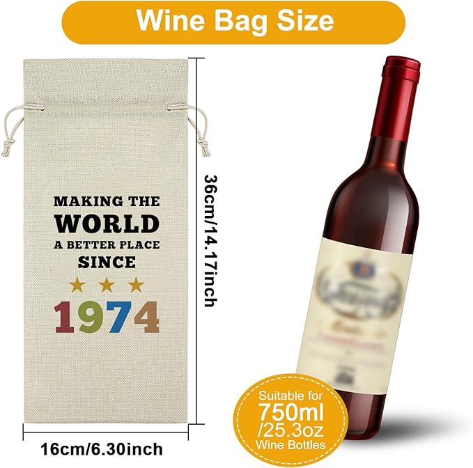 Sazuwu 1974 Birthday Gifts for Her Him Wine Bag Happy 50th Birthday Gifts for Women Men Wine Bottle Decoration Bag 50 Year Old Birthday Gifts for Grandpa Grandma Turning 50 Gifts Wine Accessory Gifts