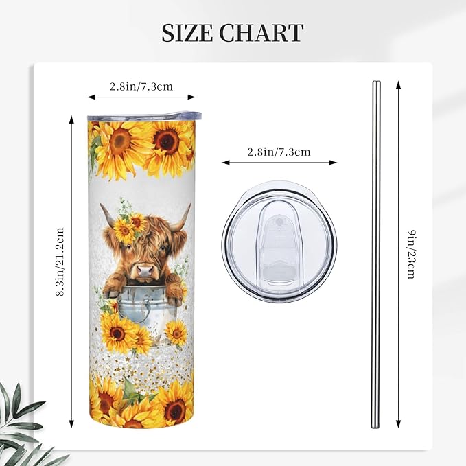 Highland Cow Tumbler Highland Cow Gifts Highland Cow Tumbler With Lid 20oz Stainless Steel Cow Sunflower Gifts For Women Mom Reusable Bottle For Hot & Cold Drinks Tea Cup Iced Coffee Travel Mug