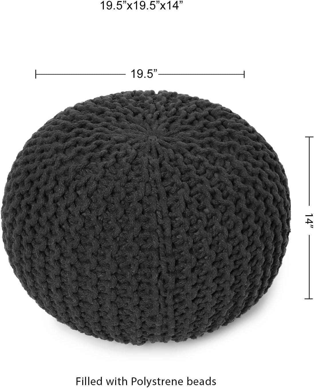 REDEARTH Round Pouf Foot Stool Ottoman - Cotton Hand Knitted Dori Pouffe - Cord Boho Home Décor - Stuffed Cable Poof for Living Room - Bedroom (19.5"x19.5"x14") - Dark Gray