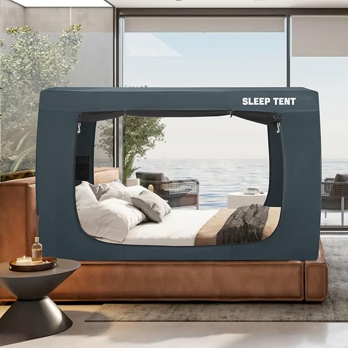 BORNA Bed Tent Full Bed Canopy for Indoor Portable Light Reducing Sleeping Canopy for Kids and Adult,Bunk Blackout Tents Breathable Privacy Space Tent Mosquito Netting for Bed(Navy Blue)