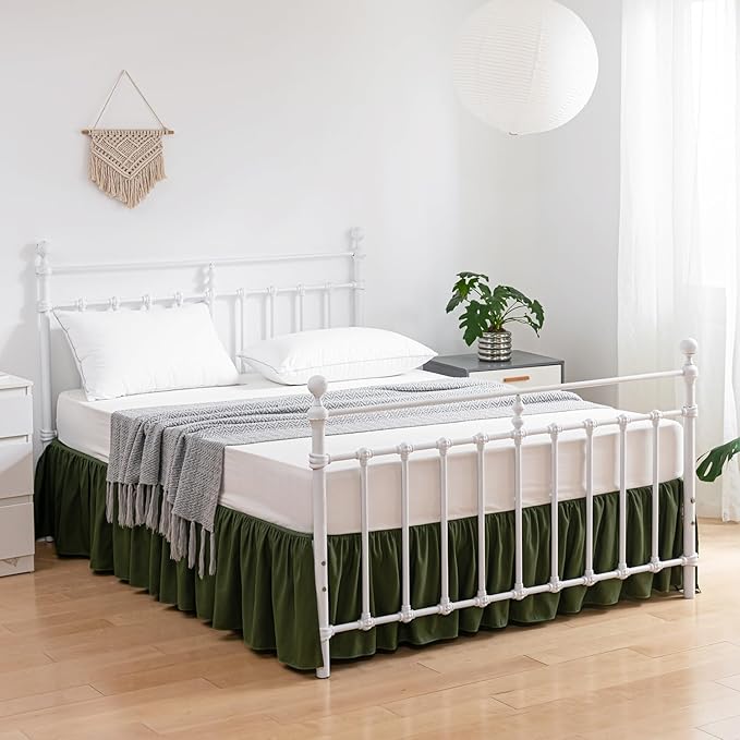 Bed Skirt Twin Size Ruffled Bed Skirt with Split Corners, 14 Inch Drop Dust Ruffle Bed Skirt with Platform, Green