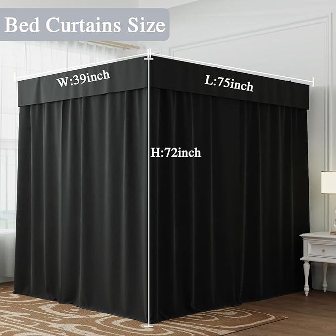 Hvqic Black Canopy Bed Curtains - 4 Corner Post Bed Curtains Twin Bed Curtains Lightproof Drapes Bed Canopy for Adults & Girls Bedroom Decoration(Twin,Black)