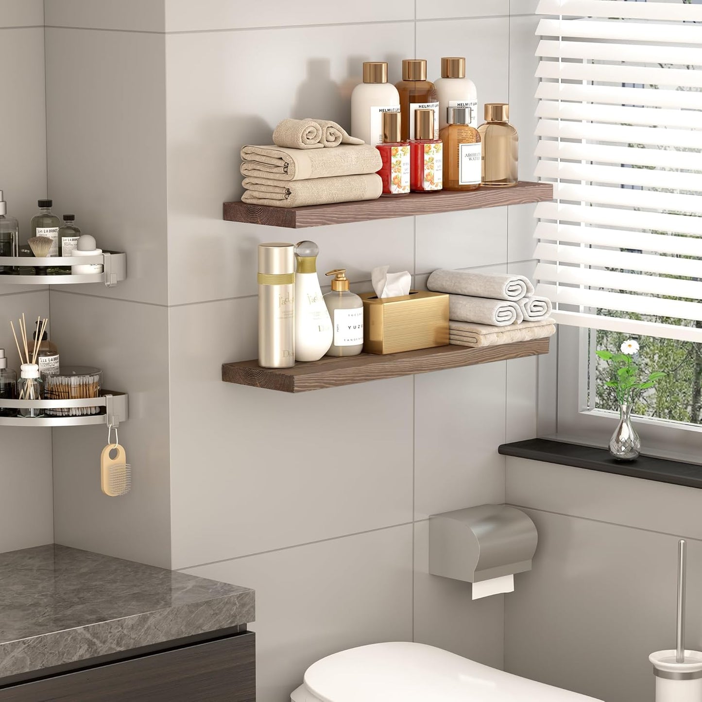 BGMG Wood Floating Shelves 30 inch for Wall Set of 2, Rustic Wooden Wall Mount Shelves for Bathroom Living Room Bedroom Kitchen Farmhouse -30x 6.7 x1.25 inch- Walnut Color