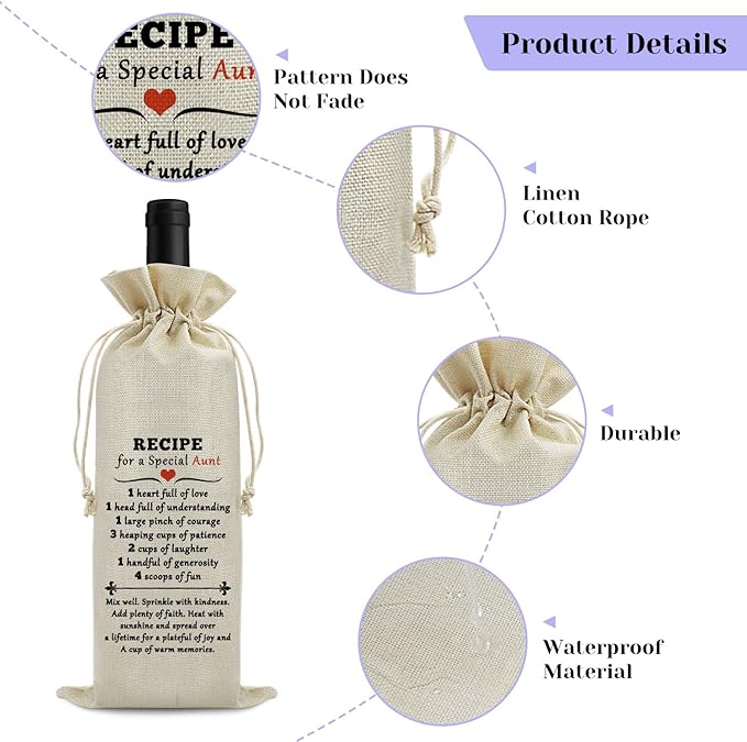 Sfodiary Aunt Gifts from Niece Nephew Wine Bag Auntie Birthday Gifts Wine Bottle Bag Christmas Thanksgiving Mothers Day Gift for Aunt Wine Gift Bags with Drawstrings Thank You Gift for Auntie