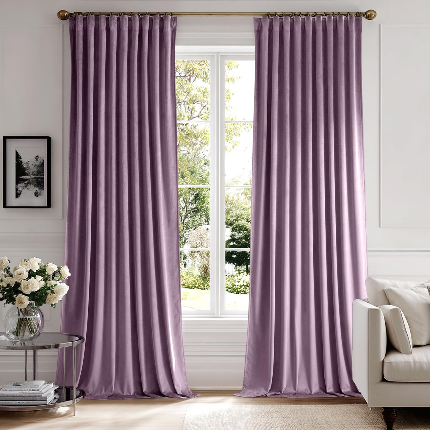 MIULEE Lavender Velvet Curtains 96 inches 2 Panels - Luxury Room Darkening Window Drapes for Bedroom Living Room Thermal Insulated Super Soft Blackout, Back Tab Rod Pocket Pinch Pleated, Purple
