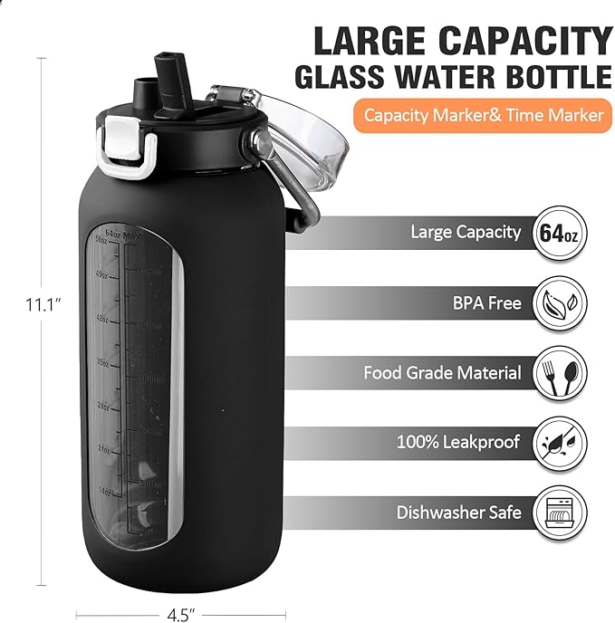 kytffu 64 oz Glass Water Bottle with Straw and Stainless Steel Handle, Half Gallon Water Bottle with Silicone Sleeve and Time Marker, 2L Large Glass Bottle for Gym, School, Travel, Leak-proof (Black)