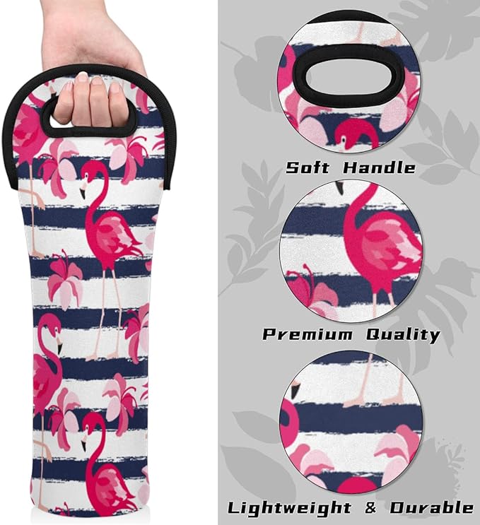Flamingo Stripe Single Bottle Wine Gift Tote Carrier Neoprene Wine Tote Bags Holder Cooler Wine Lover Gift