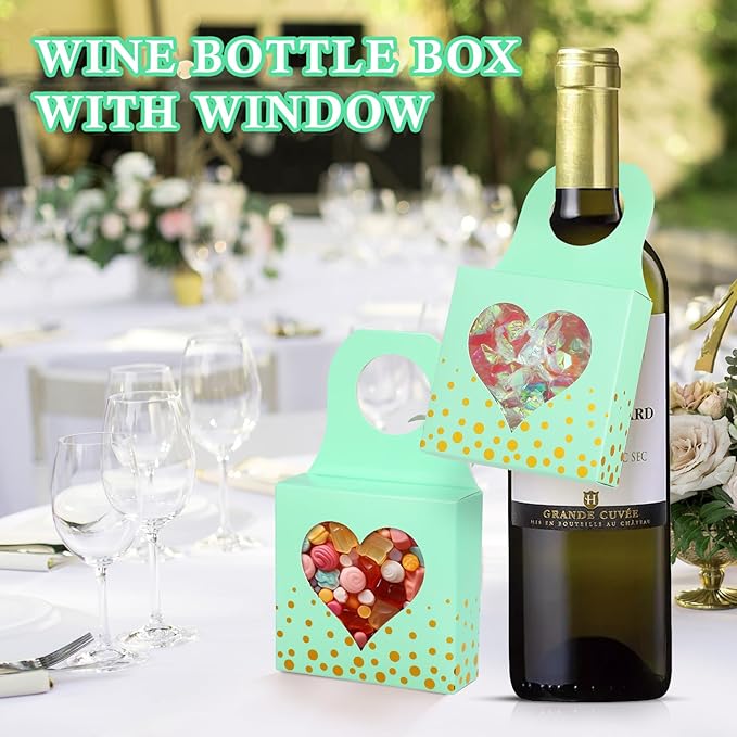 ISKYBOB 25 Pieces Wine Bottle Box with Window, Kraft Paper Wine Boxes for Gifts Hanging Wine Bottle Gift Box Foldable Wine Bottle Hanger Favor Box for Holding Candy Truffles Chocolate Cookies (Green)