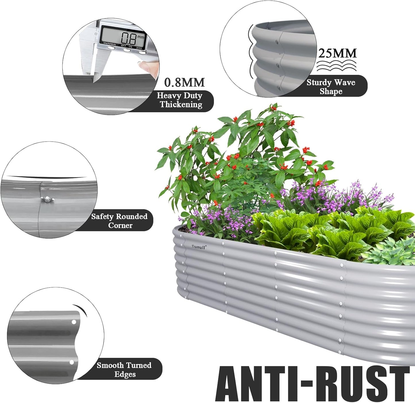 1 Pack 8x3x2FT Galvanized Raised Garden Bed Kit Oval Metal Ground Planter Box Outdoor Bottomless Planter Raised Beds for Vegetables Flowers Herbs Fruits, Gray
