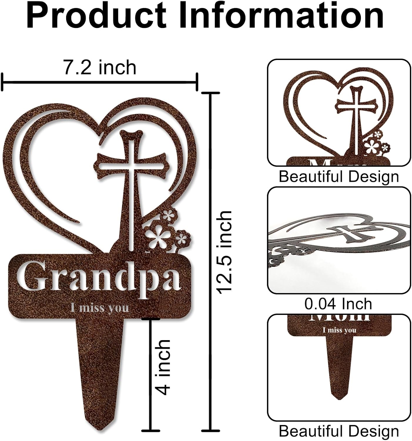 Grandpa Memorial Grave Stake, Cemetery Decorations for Grave Markers 12.5 x 7.2 inch Heart Metal Sympathy Stakes Graveside Plaque Decor Sign for Grandpa Graves, Yard, Garden - Rust-Grandpa