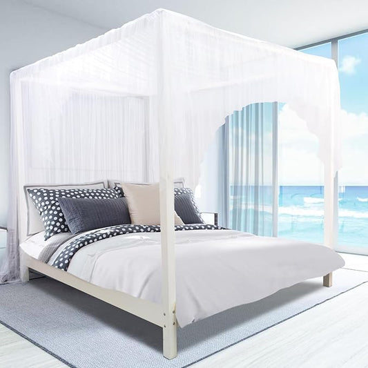 tupi White Canopy Bed Curtains for King/Queen/Full Size, 4 Corner Bed Canopy, Elegant Bed Drapes Bedroom Decor, Ultra Ripstop Polyester, Easy Installation
