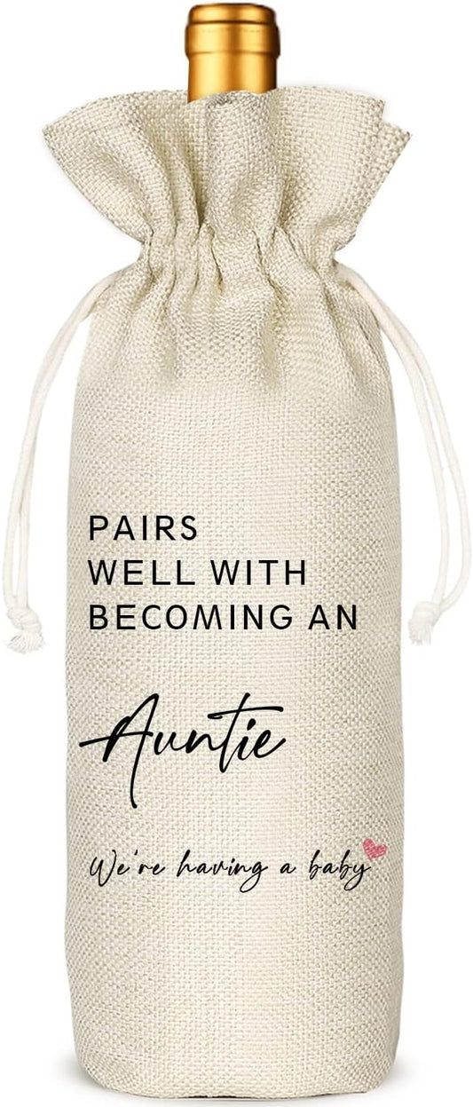 Pregnancy Announcement Wine Bag - Pairs Well With Becoming An Auntie, GENDER NEUTRAL Pregnancy Announcement Wine Bag, Baby Announcement to Auntie Wine Bag, Pregnancy Reveal(5SW19106)