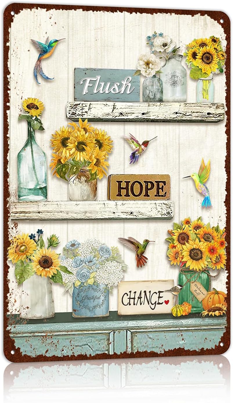 Vintage Farmhouse Bathroom Metal Tin Signs Rustic Flower Country Wall Art Decor 8X12 Inches