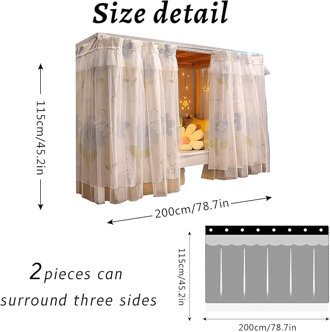 Beautiful Gauze Bunk Bed Curtains Drapes with Lace Privacy Bed Canopy for Bottom, 2 Panels, Whiterabbit