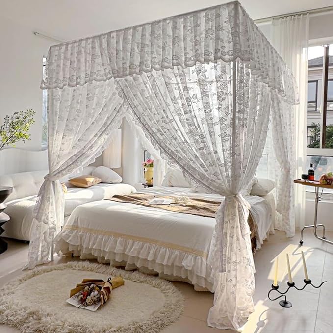Elegant Princess 4 Corner Post Mosquito Net Romantic for Girls Women Bed Curtain Canopy for Adult Wedding Bedroom Kids Rooms Decoration (Type2-Beige-White, California King)