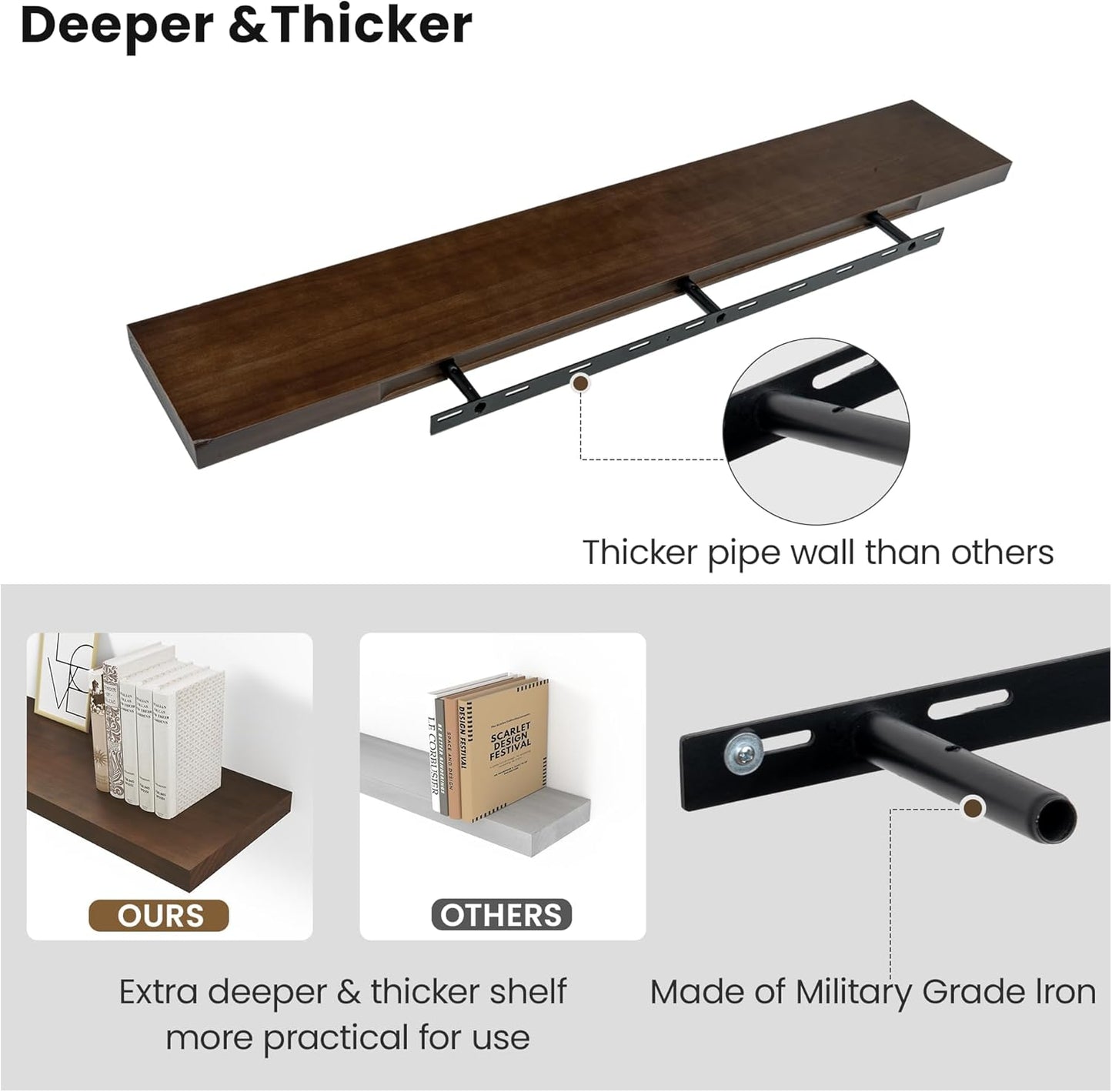 Walnut Floating Shelves for Wall 48 Inch, 8 in Deep Single Wood Shelf Floating Rustic Farmhouse Decor, Heavy Duty Shelf Hold 100 lbs, Wall Shelves for Bathroom Living Room Kitchen Bedroom Office