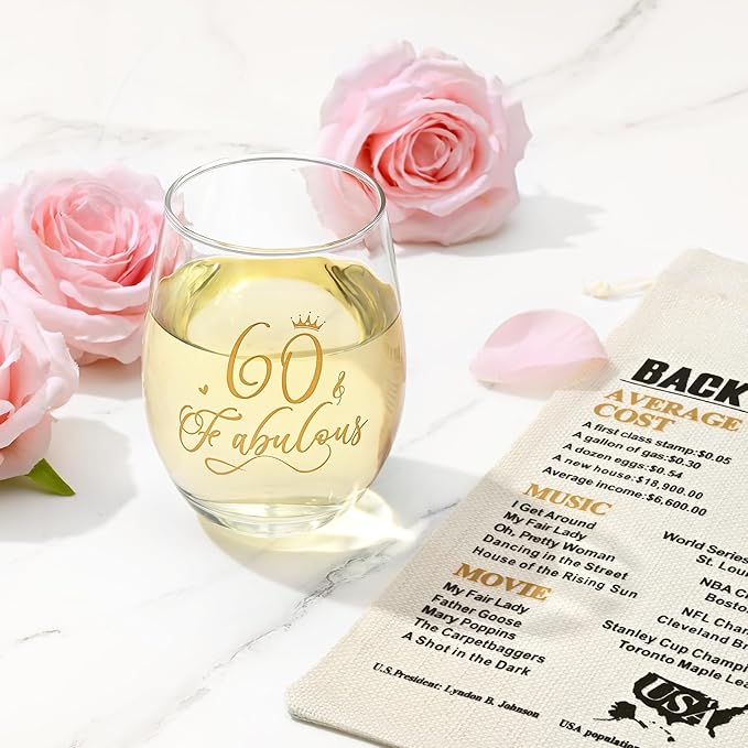 DAZLUTE 60th Birthday Gifts for Women, 60 & Fabulous Wine Glass with 1 Pack Reusable Burlap Wine Bag, 60 Year Old Wine Glass Birthday Gift for Women Mom Friend Sister Wife Aunt Grandma, 17 Oz Gold