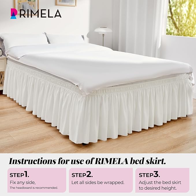RIMELA White Bed Skirt Full Size 15 Inch Drop, Wrap Around Elastic Adjustable Bedskirt, Bed skirting Dust Ruffle for Bed Frame & Box Spring Soft Durable Fabric Machine Washable Easy to Install