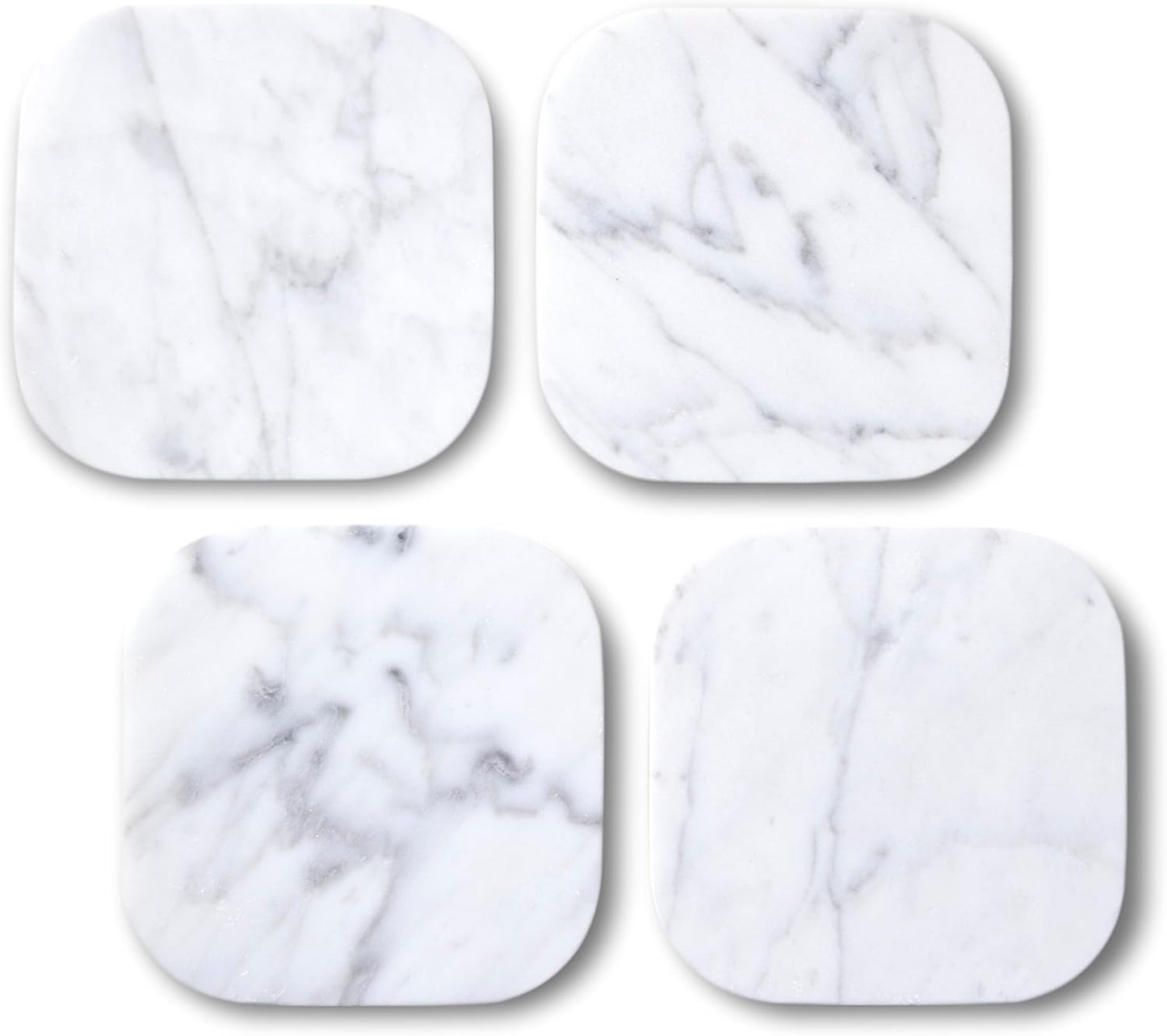 𝐋𝐮𝐱𝐮𝐫𝐲 𝐈𝐭𝐚𝐥𝐢𝐚𝐧 100% Marble Tile Coasters – Set of 4 – Square Modern Bar Coasters for Drinks, Coffee –Stone Holder for Home Décor, Housewarming Gifts (Carrara White)