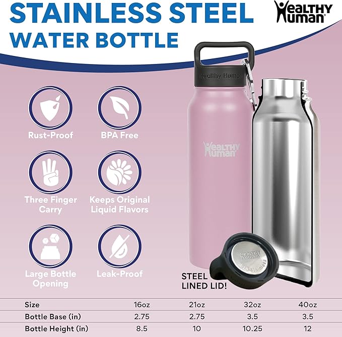Healthy Human Stainless Steel Water Bottle | Double Walled Vacuum Insulated Water Thermos for Adults | Eco-Friendly Travel Bottles with Leak Proof Lid (Petal Pink, 32 oz/ 946 ML)