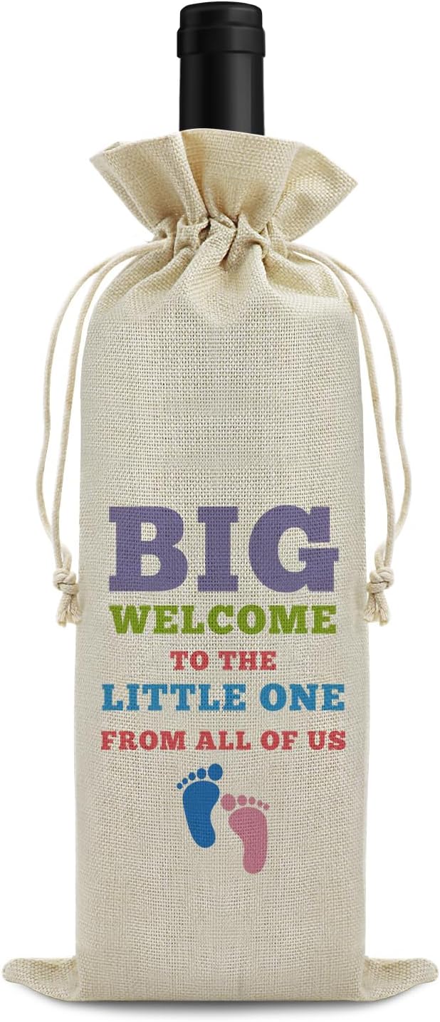 Welcome Baby Wine Bag New Baby Birth Gift for Friends Sister Baby Announcement Gift for Mom Dad Baby Girl Baby Boy Gift Drawstring Wine Wrapping Bag Baby Shower Decors Reusable Burlap Wine Gift Bag