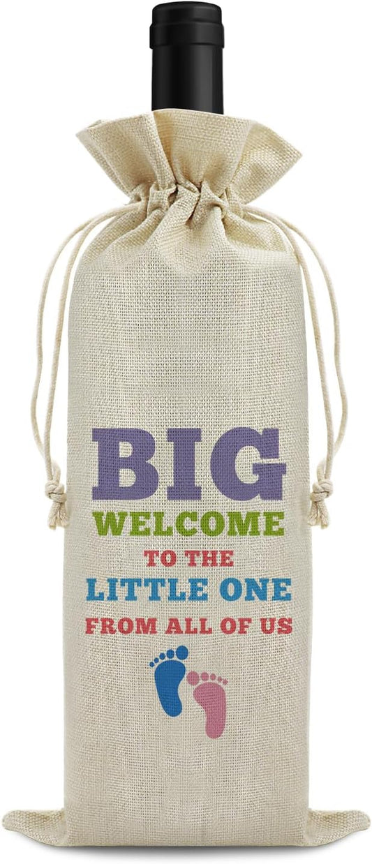 Welcome Baby Wine Bag New Baby Birth Gift for Friends Sister Baby Announcement Gift for Mom Dad Baby Girl Baby Boy Gift Drawstring Wine Wrapping Bag Baby Shower Decors Reusable Burlap Wine Gift Bag