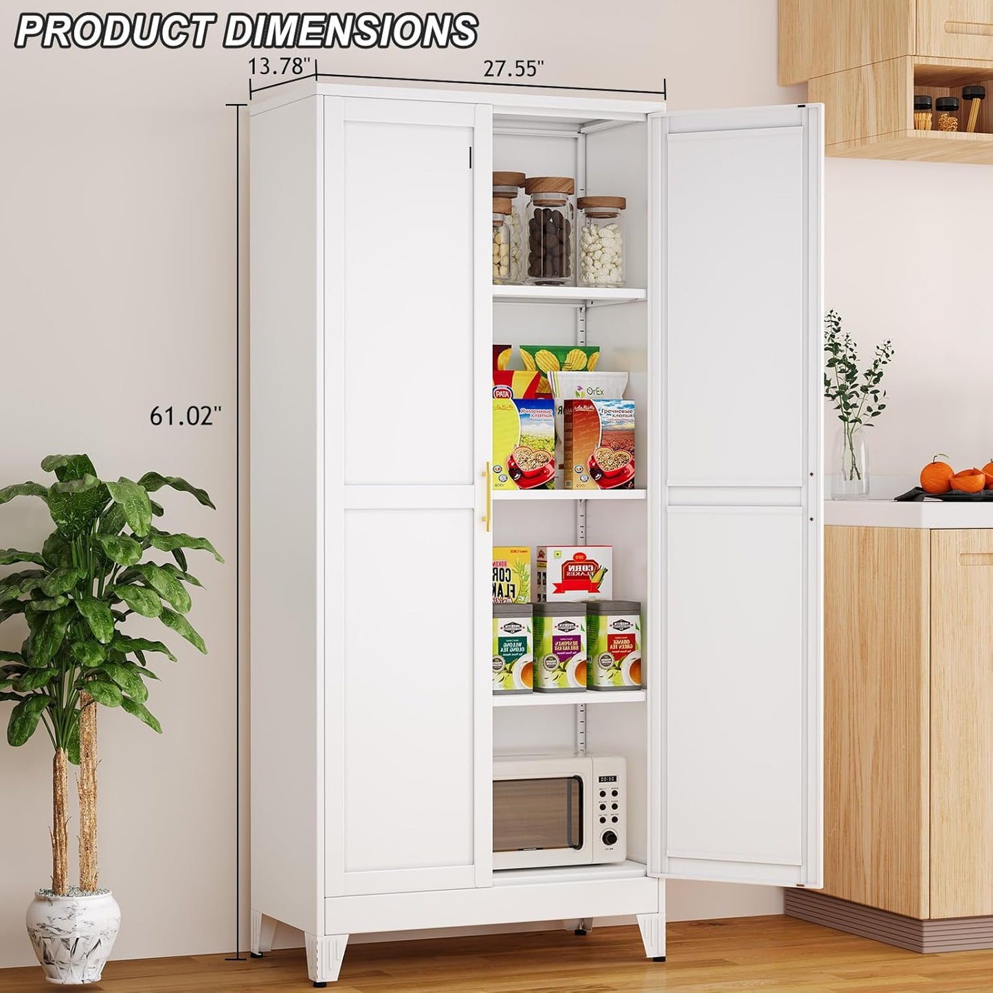 Metal Pantry Cabinet with 2 Doors and Adjustable Shelves - 61" Kitchen Storage Cabinet with Gold Handles - Versatile Storage for Kitchen, Bathroom, Dining Room, Utility Room - White