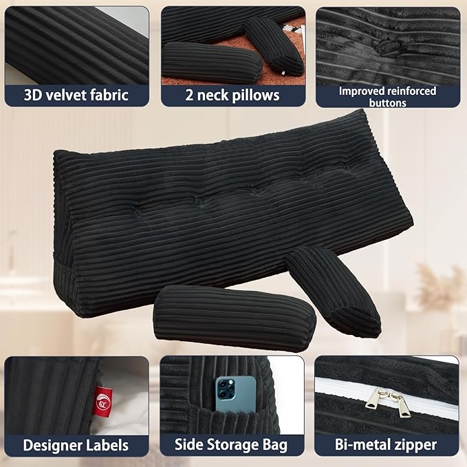 Headboard Wedge Pillow with 2 Pack Neck Roll Pillow Large Headboard Pillow King Wedge Pillow Headboard Soft and Supportive Bed Rest Reading Pillows for Sitting in Bed with Removable Cover