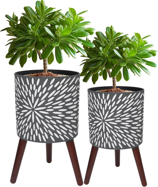 10 & 12 Inches Plant Pot with Stand Set of 2, Large Matte Gray Modern Planters for Indoor Outdoor Plants with Drainage Holes, Big Flower Pots with Wood Legs